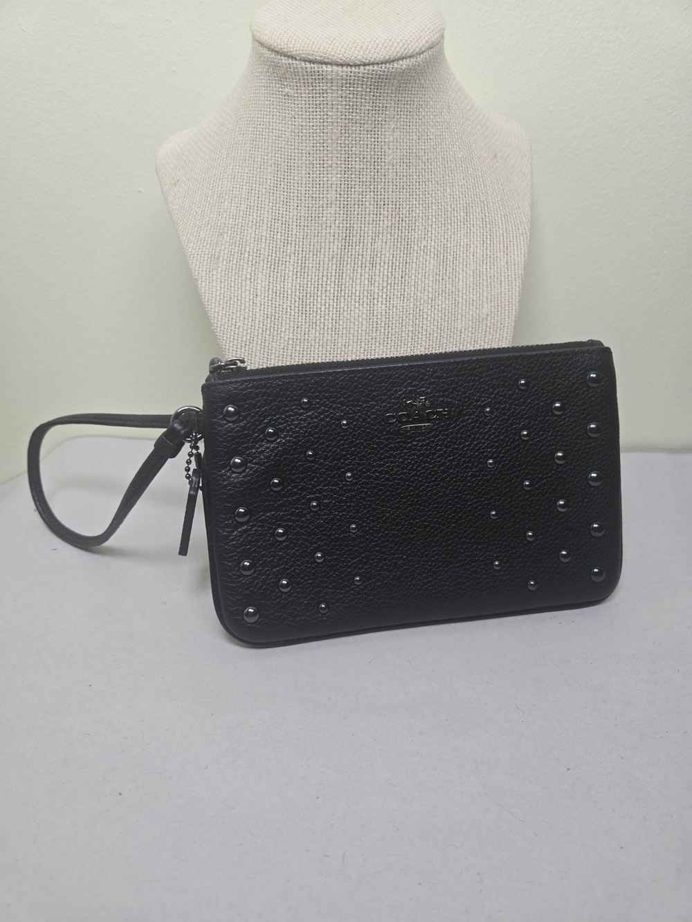 Coach Black Pebbled Leather Wristlet with Stud Detail